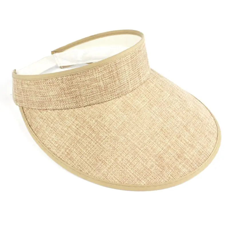 

Summer Breathable Straw Braid Linen Sun Visor Cap Vintage Plaid Solid Empty Top Outdoor Beach Hat With Strap Back Sweatband