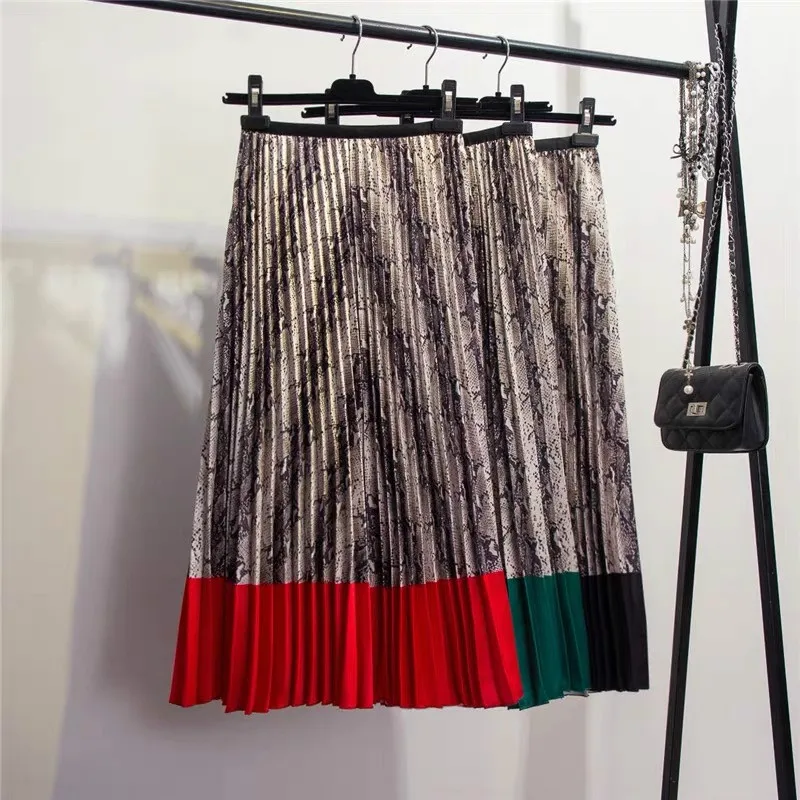 

2019 Summer New-coming Western style Snakeskin pattern Contrast stitching pleated skirts High Street Style A-Line Skirts