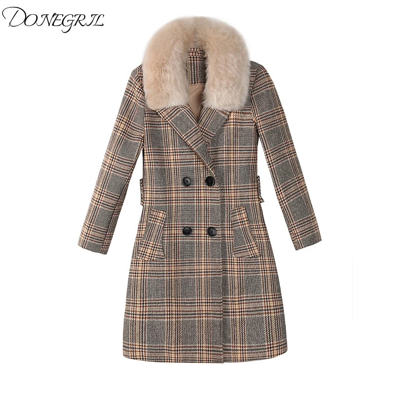 Et Nouveau 2018 Gray coffee De D'hiver Femme Grid Laine Col Tempérament Fourrure Automne Femmes Plaid Manteau TYSxSCgqw5