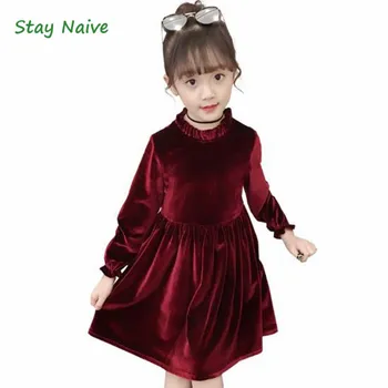 

Stay Naive Girl long sleeve dress age 4-14 years old girl gold velvet elegant evening dress autumn girl costume