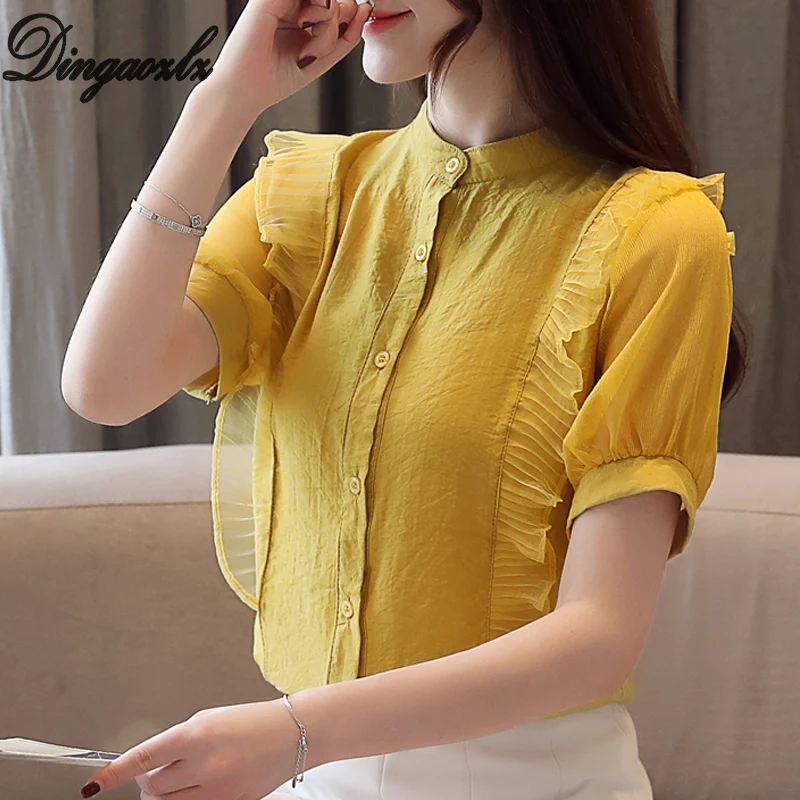 Dingaozlz blusas mulher elegantes جديد أزياء الشيفون قميص الصيف خليط النساء قمم الكشكشة الأبيض بلوزة Dingaozlz blusas mulher elegantes جديد أزياء الشيفون قميص الصيف خليط النساء قمم الكشكشة الأبيض بلوزة