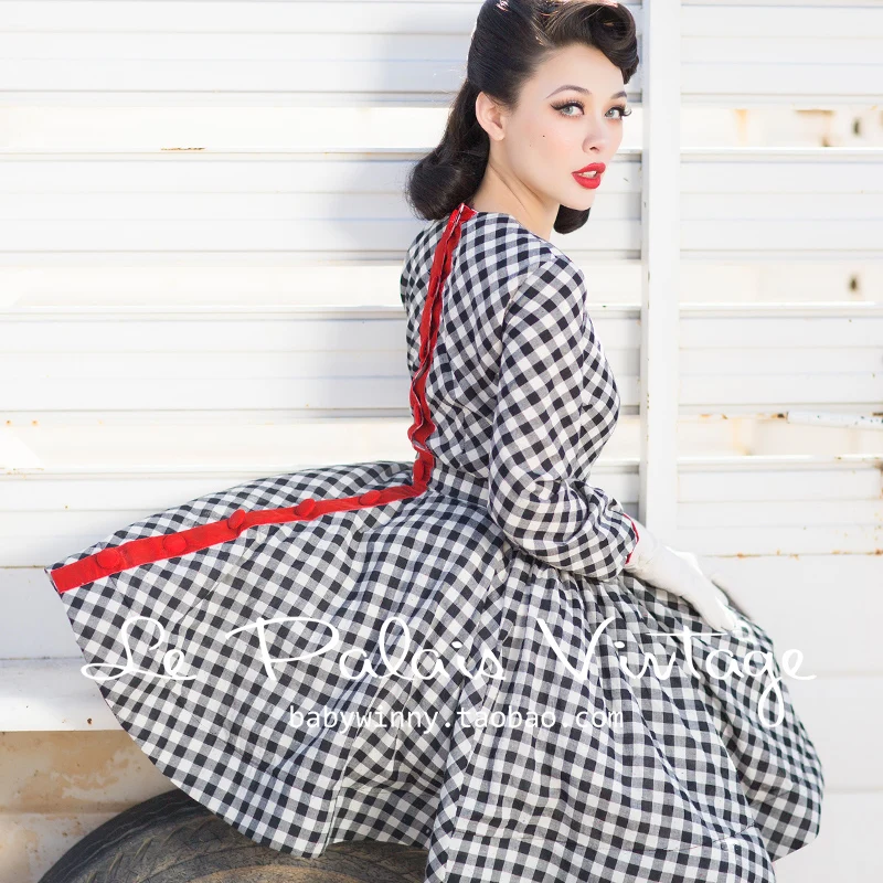 

40- le palais vintage 50s summer women gingham long sleeve circle swing dress rockabilly pinup vestidos plus size dresses jurken