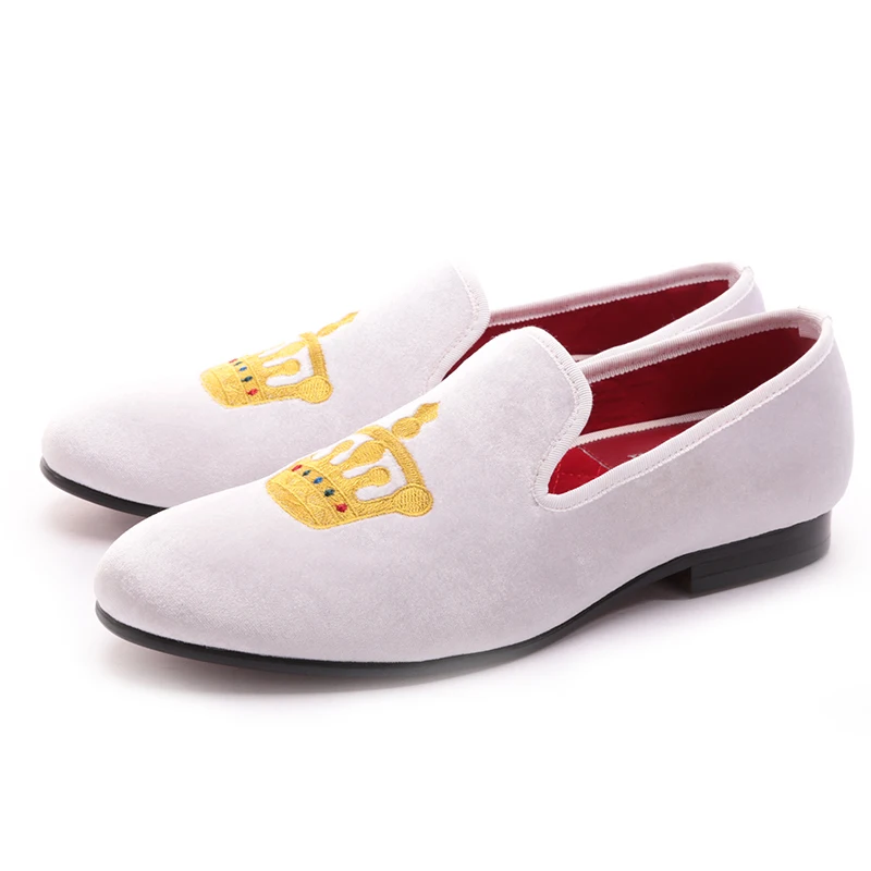 Embroidered Gold Crown Design Men Velvet Shoes Fashion Men Smoking Slippers male wedding and party loafers US4-17