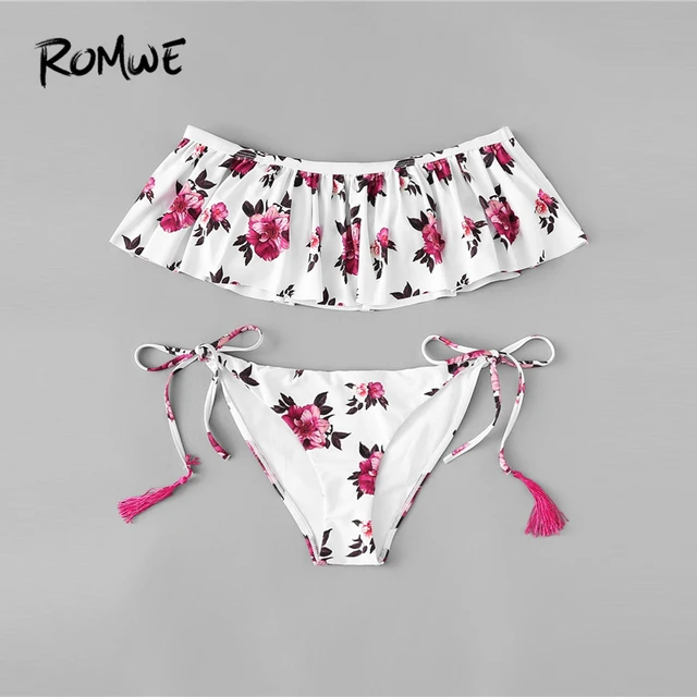 Romwe спортивный топ с рюшами и цветочным принтом с боковыми завязками, комплект бикини с открытыми плечами, Бесплатная женская летняя пикант... 4