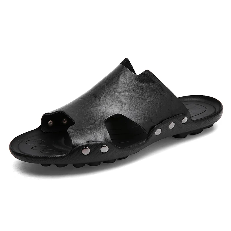 Летние сандалии для мужчин; кожаные пляжные вьетнамки; большие размеры 35-47; обувь на плоской подошве; удобные шлепанцы; Прямая поставка; Terlik Chanclas Hombre - Цвет: Black