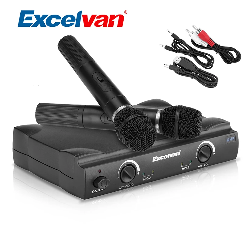 

Excelvan K380 Wireless Handheld Condenser Microphone Dual 2 Channel UHF Recording Microphone For Karaoke Conference Home Use