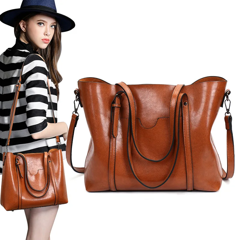 

Women Bag Oil Wax Leather Handbags Luxury Lady Hand Bags with Purse Pocket Women Shoulder Bag Big Tote Sac Bolsos Mujer New 2018