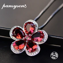 PANSYSEN, настоящее 925 пробы, Серебряное женское ожерелье с подвеской в виде цветка, прозрачный красный рубин, романтическое, прекрасное ювелирное ожерелье, свадебное, для девушек