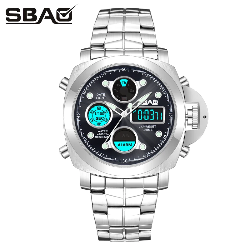 

SBAO Brand Watch Men Double Display Waterproof Wristwatch Round Luminous Hands Calendar Metal Band Quartz Male Watches S-9005