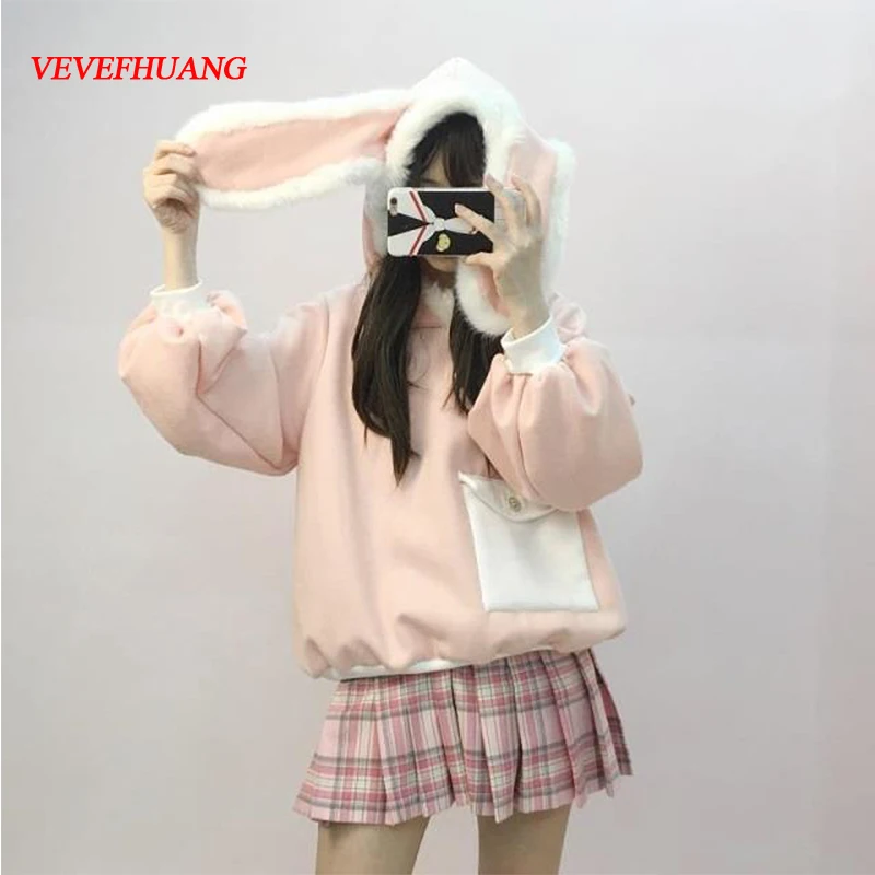 

Autumn Japanese Soft Sister Women Long Sleeve Pink Hooded Pullover Korea Ulzzang Fashion Thicken Cashmere Rabbit Ears Hoodies