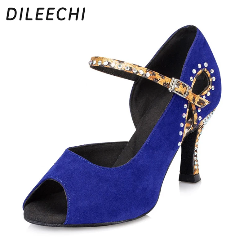 DILEECHI Blue velvet Latin dance shoes high heeled 7.5cm Ballroom