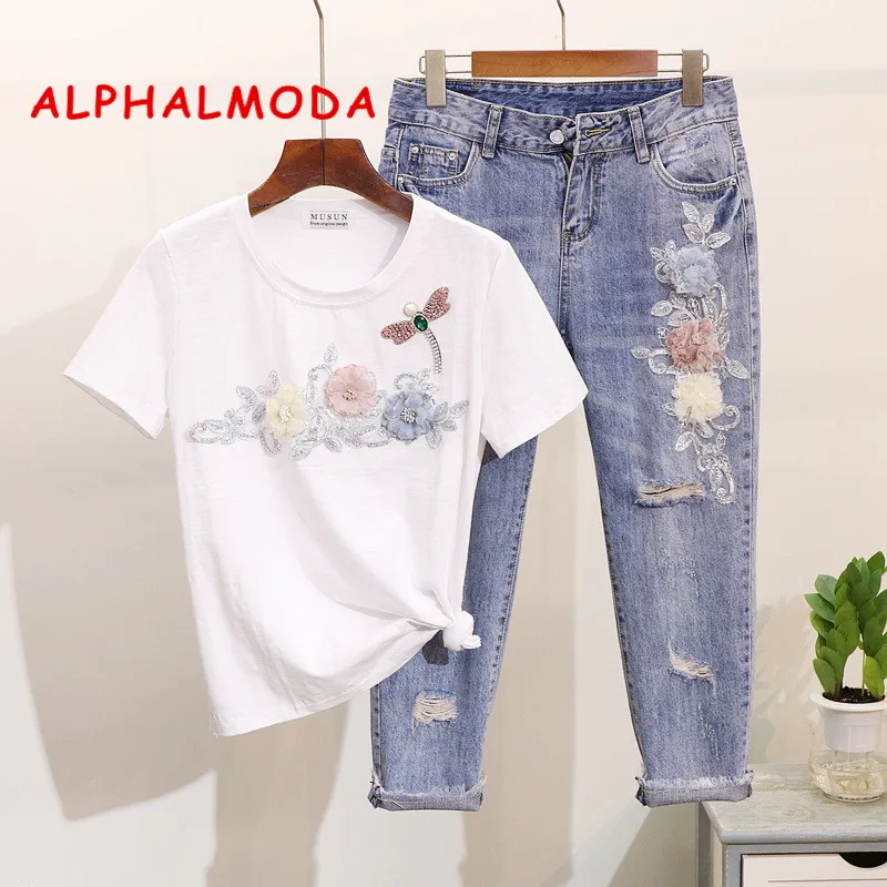 ALPHALMODA тяжелая работа цветы Дракон Fly милые бисерные футболки карандаш женские джинсовые брюки Модная одежда для лета