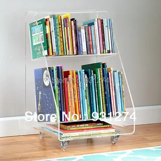 Rolling Acrylic bookcase 2 tiers,Clear plexiglass living room storage