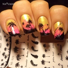 1 лист, NailMAD, черные наклейки для ногтей с перьями, Водные Наклейки, кокосовое дерево, переводные наклейки, s, наклейки для ногтей, Переводные татуировки YE323
