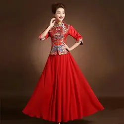 Красная атласная Cheongsam Топы корректирующие невесты свадебное Qipao беременная женщина Китайский Стиль платье 2017 современный Ци Пао длинные