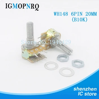 

5PCS/LOT WH148 6Pin 20MM B10K 10K OHM Dual Rotary Potentiometer Pots Shaft 20MM With Nuts And Shim