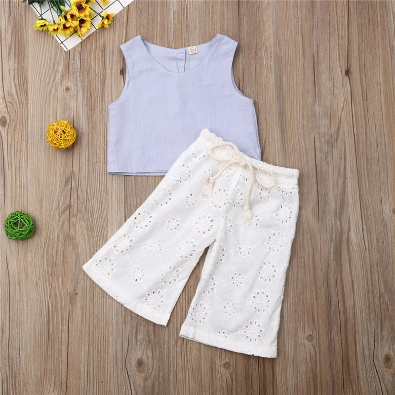 

New Infant Kids Baby Girl Linen Sleeveless Tops Vest+ Hollow Trousers Flared Pants Summer Casual Outfits Clothes Sets 1 to 6Y