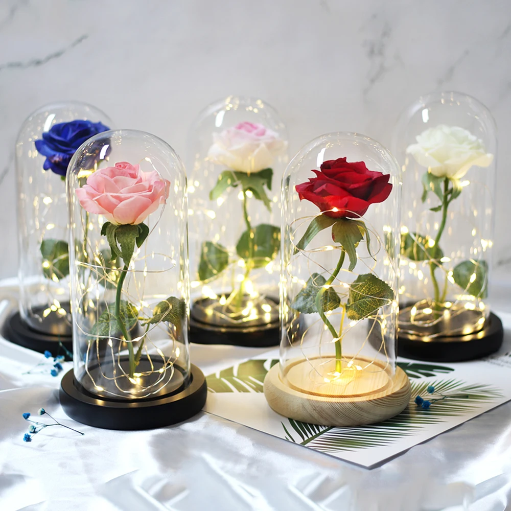 

HOT Beauty And The Beast Gold-plated Red Rose With LED Light In Glass Dome For Wedding Party Mother's Day Gift