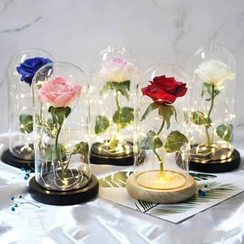 

HOT Beauty And The Beast Gold-plated Red Rose With LED Light In Glass Dome For Wedding Party Mother's Day Gift
