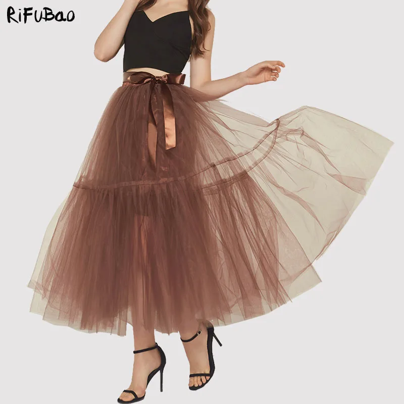 

Fashion women loose puffy 5 layers tulle skirt high waist maxi long skirt vintage beach boho mesh ladies tutu skirts extender