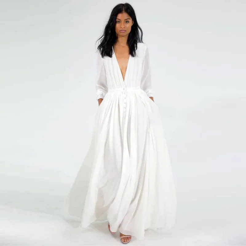 

Boho Spliceing Solid Long Dress Sexy Deep V Neck Waist Long Sleeve Button Women Elegant Vacation Party Dresses Vestido