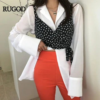 

2019 RUGOD Long blouse Solid Notched Chiffon blouse + Polka dot vest Elegant Fashion Female