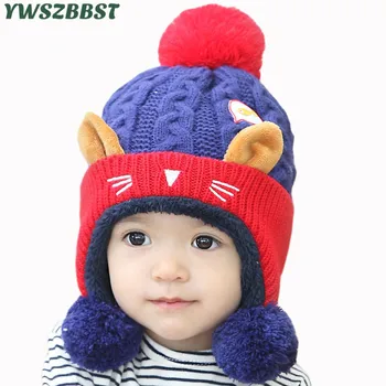 

Autumn Winter Baby Hat with Cat Ear Plus Velvet Baby Girls Hat Warm Knitted Kids Boys Cap Pom Pom Ball Toddler Beanies Cap