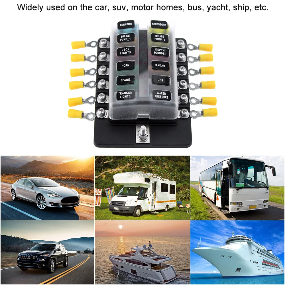 12 Way Blade Fuse Box Holder Fuse Blocks with Red LED Indicator 10Pcs