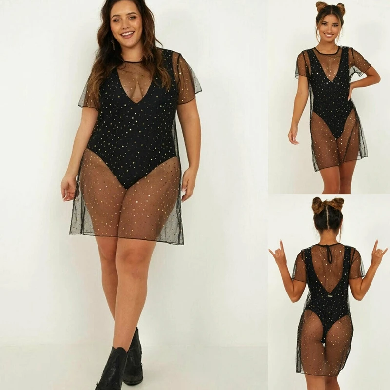 Sexy Bling See through Women Swimwear Cover Up Sequined Mesh Dress Bikini Swimwear Swimsuit Beach Sexy Bling See through Women Swimwear Cover Up Sequined Mesh Dress Bikini Swimwear Swimsuit Beach