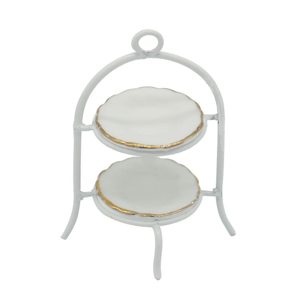 Miniature Alloy Food Stand Holder With Porcelain Plate and Cream Cup Cake Kits For 1/12 Dollhouse Dining Room Life Scene Decor