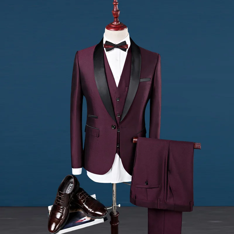 Модные брендовые мужские костюмы приталеные блейзеры свадебные бизнес мужской смокинг жених красный синий костюм вечерние(пиджак+ жилет+ брюки) 3 шт - Цвет: Бургундия