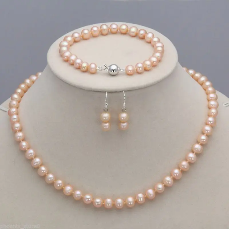 

Free shipping hot sale Women Bridal Wedding Jewelry >>6-7mm Natural Pink Freshwater Pearl Necklace Bracelet Hook Earrings Set