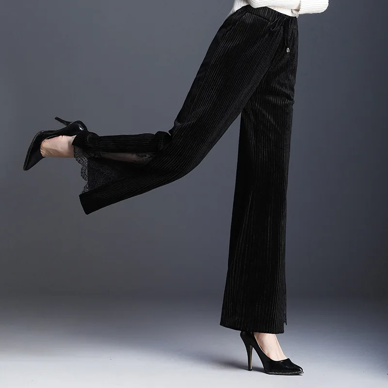 Pierna Mujer Las Mujeres Cintura Negro Moda Pantalones Empalme Terciopelo Black Casual Encaje Calidad Alta Altura De Largos La Ancha WqHzFxw7Y