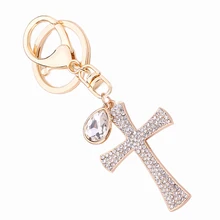Novelty Christian Gift Rhinestone Cross Keychain Crystal Keyring Charm Handbag Pendant Key Holder Women Bag Decoration R014