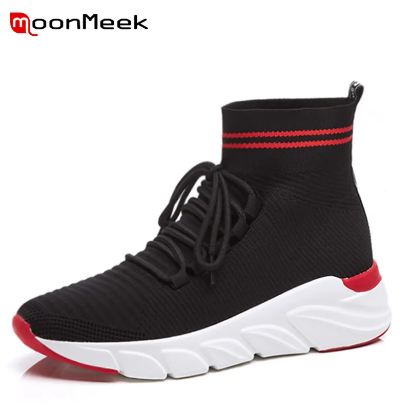 

MoonMeek 2020 NEW fashion ladies casual platform wedge boots autumn winter knitting woman boots lace round toe ankle boots