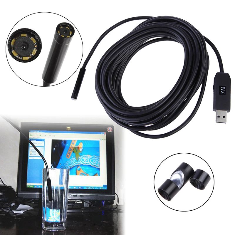 

USB 7M Cable Wire Waterproof Endoscope Borescope 6 LED 7mm Lens 300000 pixels CMOS Inspection Camera Video Surveillance Parts