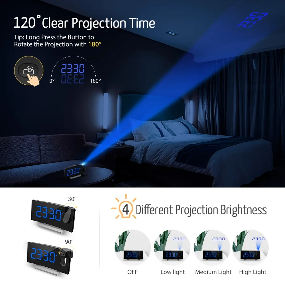  MPOW LED FM Projection 2 Alarms Clock Multifunctional 5-inch Curved Screen 5 Levels Display Brightn