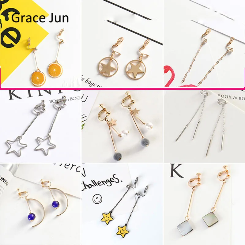 

Korea Style Fashion Natrual Stone Shell Enamel Cartoon Geometric Shape Clip on Earrings Without Piercing for Women Cute Ear Clip