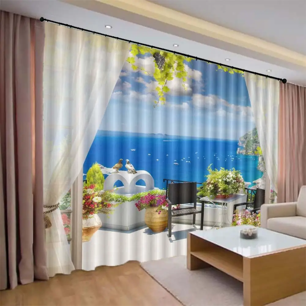

Aegean scenery 3D Curtains For Bedroom Kids Living Room Drapes Fabric Polyester Set with Hooks Factory direct sale