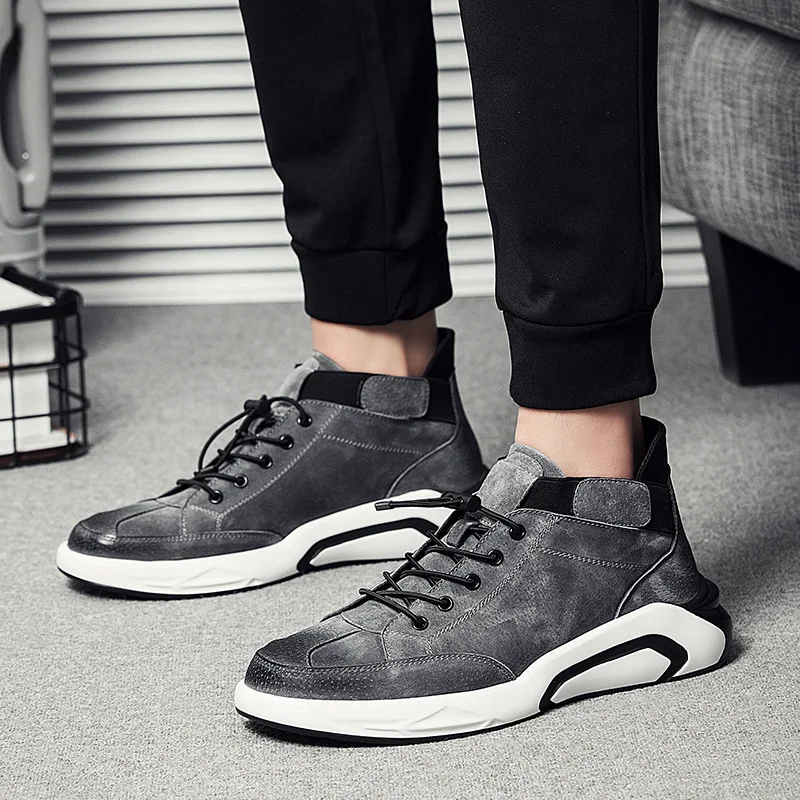 JINBEILEE Fashion Leather Men's Casual Breathable Sports Skateboard Shoes Trend Wild High-top Thick Men's Shoes Hard-Wearing