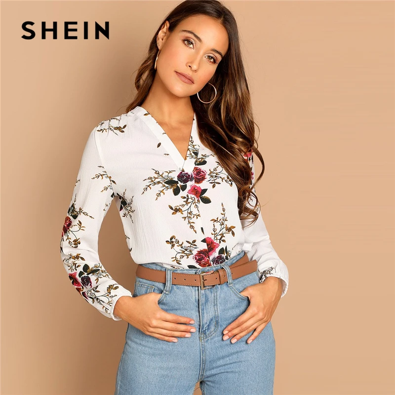 

SHEIN Beige V Neck Plain Top Office Lady Elegant Workwear Long Sleeve Pullover Women 2018 Autumn Minimalist Tops And Blouses
