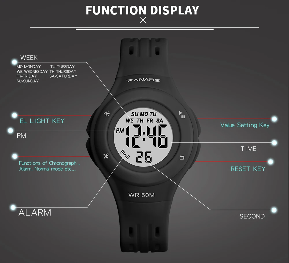 PANARS Новое поступление 7 светодиодный Цвета модные часы WR50M Водонепроницаемый детские наручные часы-будильник многофункциональные часы для