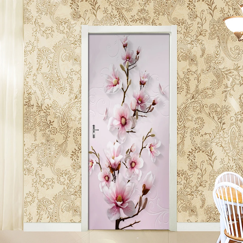 

DIY Self adhesive Door Stickers 3D Embossed Pink Flower Decals For Living Room Bedroom Door Decor PVC Waterproof 3D Wallpaper