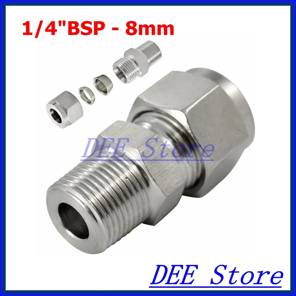 3PCS 1/4"BSP x 8MM Double Ferrule Tube Pipe Fittings Threaded Male