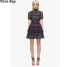 YiLin Kay/Высококачественная женская одежда на заказ; сезон весна ; модное платье для подиума; короткий рукав пэчворк; кружевное платье