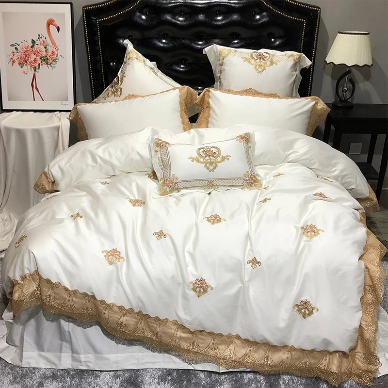 

Luxury White Blue Egyptian Cotton Gold Lace Embroidery European Palace Bedding Set Duvet Cover Bed Linen Bed sheet Pillowcases
