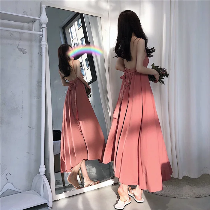 

Women Summer Dress Sexy Spaghetti Strap Backless Back Belt Long Dress Retro Temperament Strapless Chiffon Dress Female Vestidos