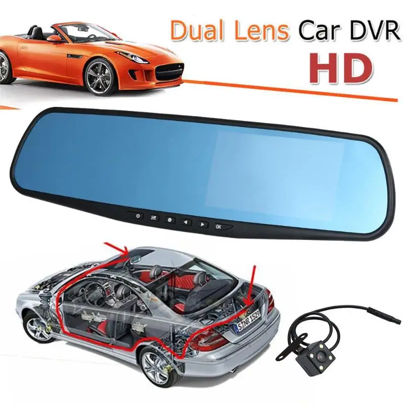 

4.3 inch Car Camera Full HD 1080P Auto Parking DVR Car Rearview Dash Cam Dual Lens Wide Angle Car Mirror Video Recorder Dash Cam