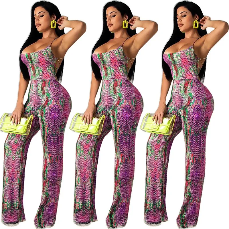 

Sexy Spaghetti Strap Wide Leg Jumpsuit Women Back Cross Bandage Playsuit Snake Print Clubwear Overalls