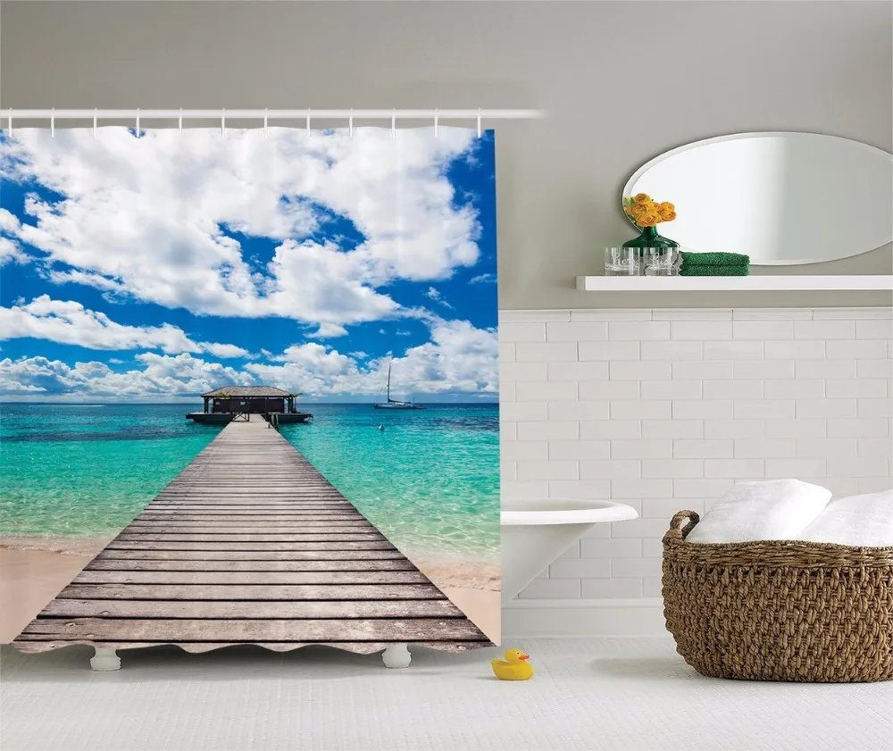 High Quality Arts Shower Curtains Caribbean Seascape Jetty And Sailboat